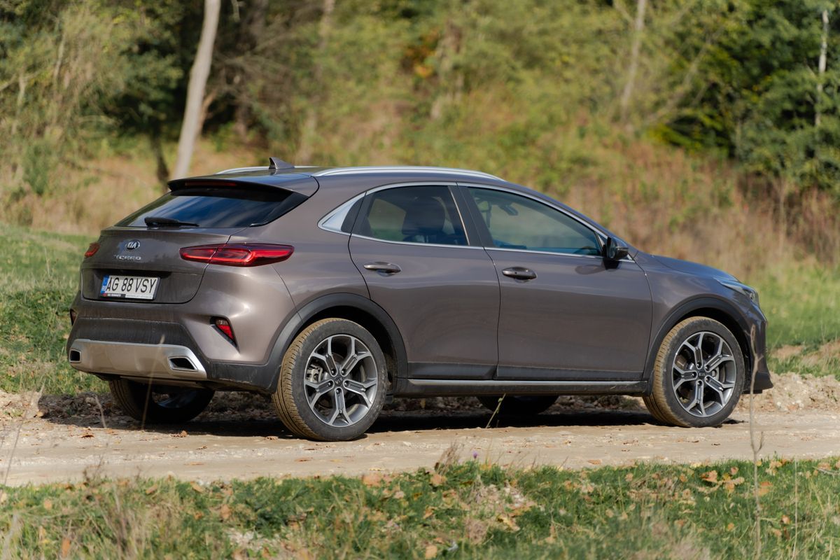 Brązowo-szary crossover Kia XCeed na szutrowej drodze przy lesie