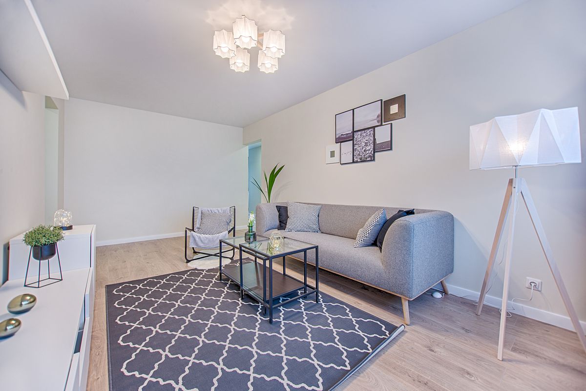 Jasny salon z szarą sofą i dywanem w geometryczny wzór