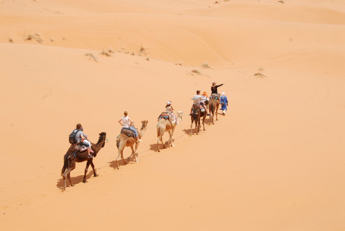 Karawana z uczestnikami wyjazdu na wydmach Sahary pod Merzougą